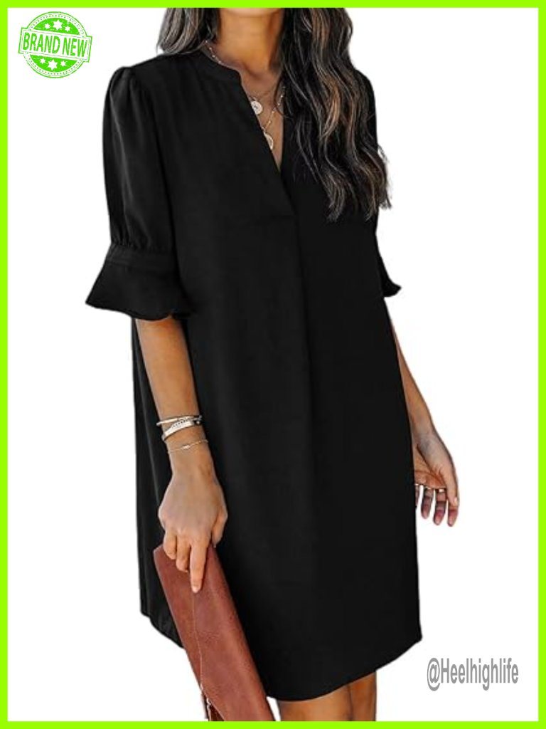 Ruffle V-Neck Short Sleeve Shift Dress Polyester Casual Summer Dress